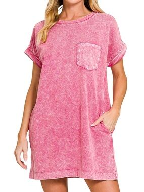 Halo Snow Premium Cotton Washed T-Shirt Dress in Hot Pink